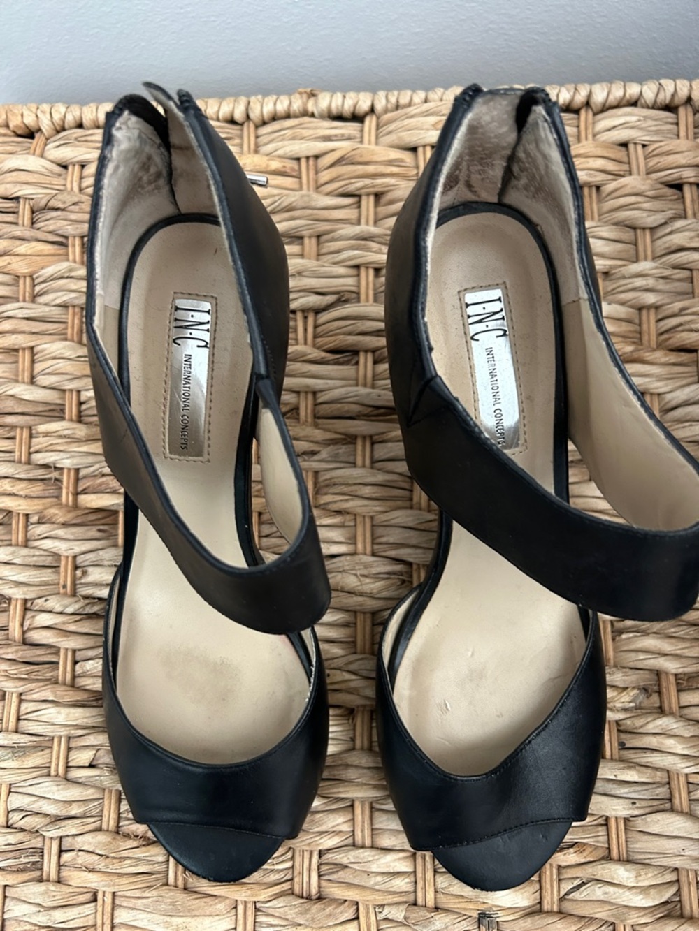 INC International Concepts Black Peep-Toe Ankle Strap Heels